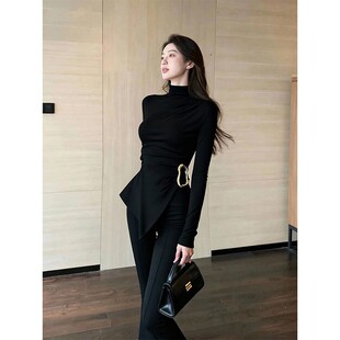 黑色半高领长袖褶皱打底衫t恤女秋冬超火小众不撞款收腰内搭上衣