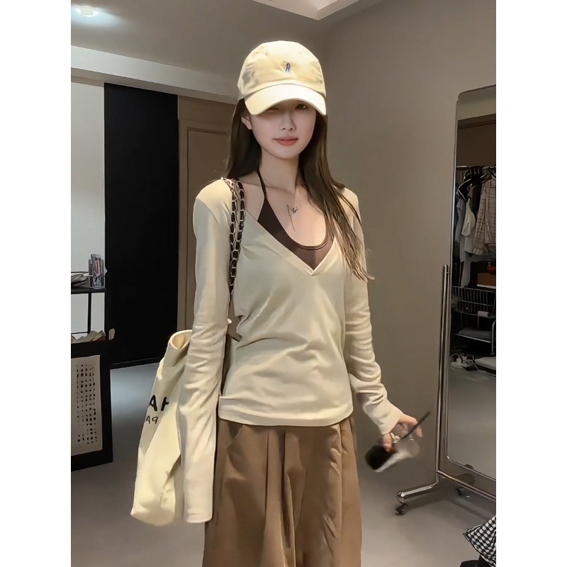 大码胖mm美式辣妹V领长袖T恤女早秋搭配罩衫修身挂脖背心两件套装