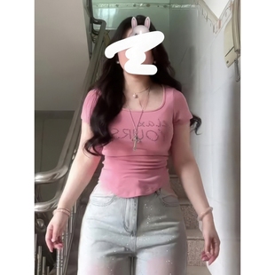 显瘦遮肚上衣 大码 微胖mm粉色方领烫钻正肩短袖 t恤女2025新款 夏季