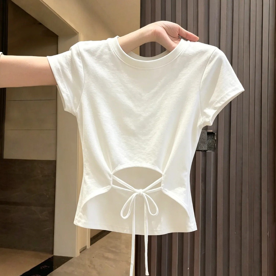 大码休闲风白色短袖T恤女夏季圆领系带后背镂空设计独特绝美上衣图片