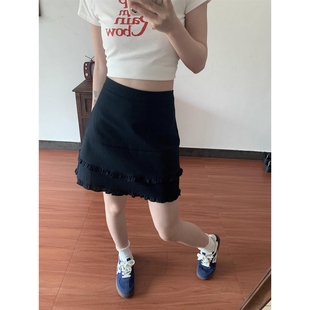 大码 藏青色木耳边蛋糕裙半身裙女夏季 新款 裙裤 胖mm短裙蓬蓬裙 夏季