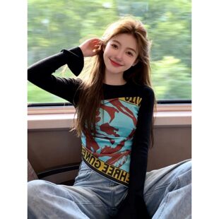 修身 大码 T恤女春季 复古印花撞色长袖 显瘦百搭打底上衣潮 胖mm美式