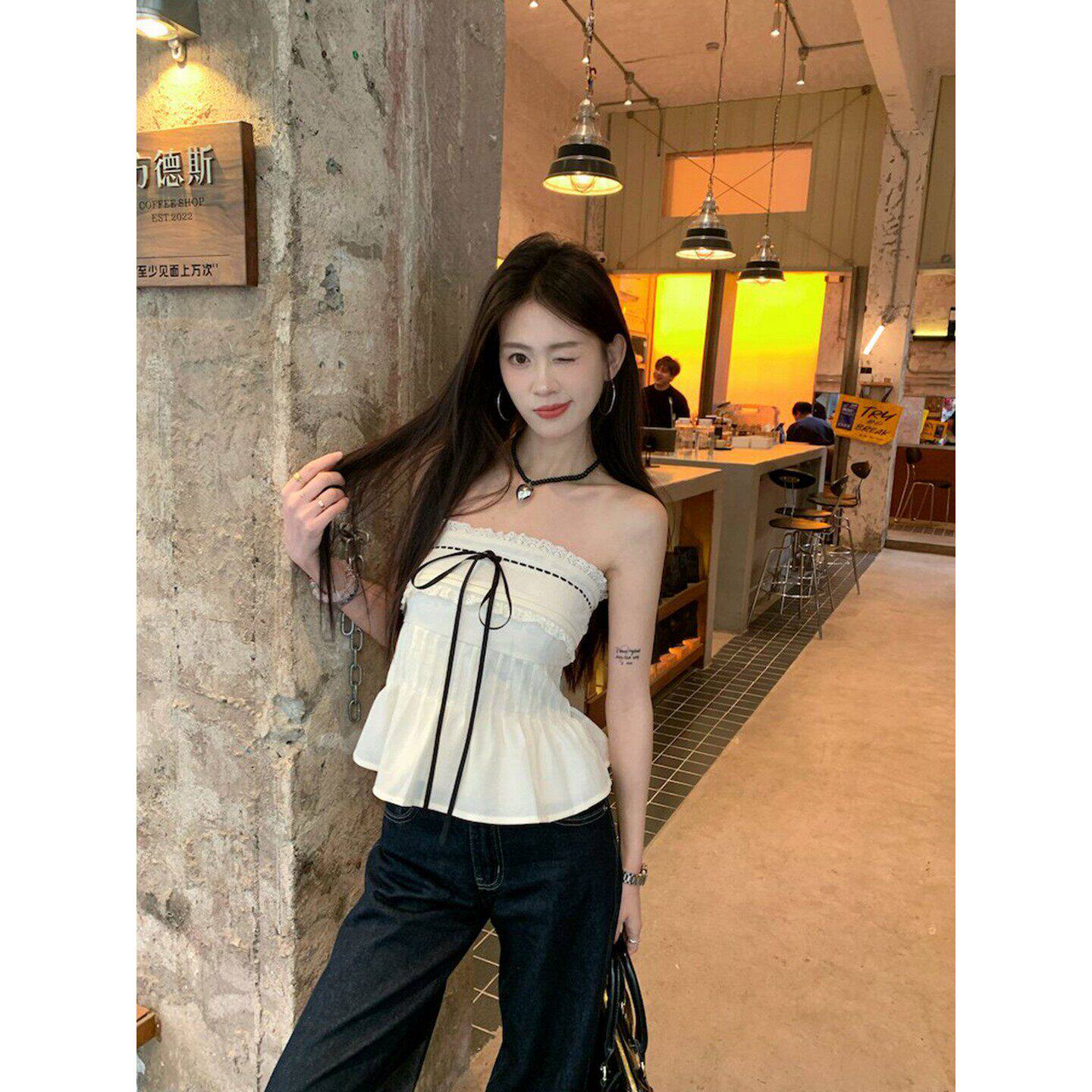 大码胖MM韩系纯欲辣妹蝴蝶结系带背心女早春季新款宽松罩衫两件套