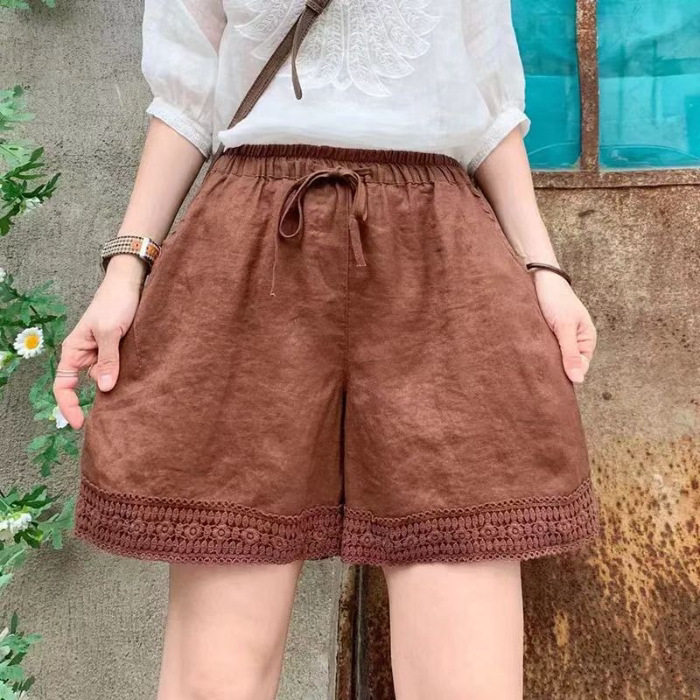 复古风高腰直筒短裤女蕾丝拼接三分裤宽松休闲裤