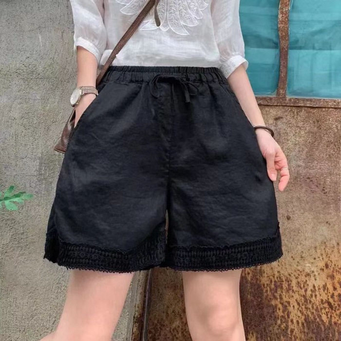 复古棉麻休闲短裤女黑色蕾丝拼接松紧腰三分裤直筒裤