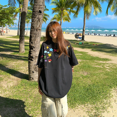 BCRA美式卡通涂鸦字母印花短袖T恤男女夏季宽松休闲重磅情侣半袖T