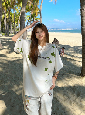 BCRA美式复古重磅青苔刺绣短袖T恤男女夏季宽松休闲百搭情侣上衣T