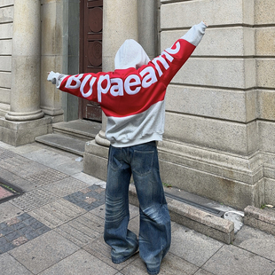 BCRA美式街头拼色重磅字母刺绣加绒连帽卫衣男女宽松休闲帽衫潮牌