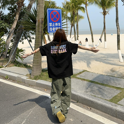 BCRA美式复古高街字母刺绣短袖T恤男女宽松休闲百搭潮牌情侣上衣T