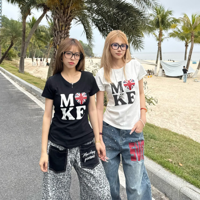 BCRA美式街头爱心印花正肩短袖T恤女夏季修身显瘦辣妹圆领上衣ins
