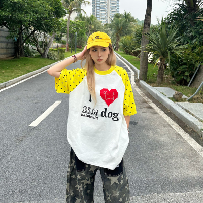 BCRA美式复古爱心狗狗印花插肩袖短袖男女夏季宽松百搭情侣T恤潮T