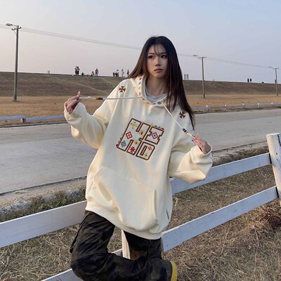 BCRA春季新款美式复古民族风刺绣连帽卫衣男女宽松重磅情侣帽衫潮