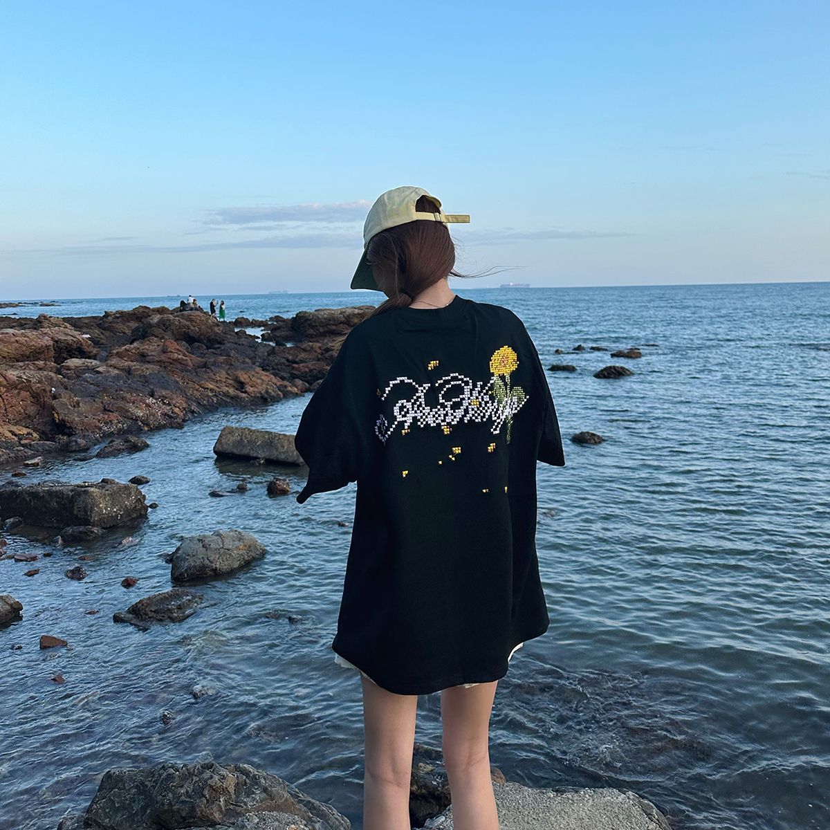 BCRA美式街头像素花卉刺绣短袖T恤男女夏季宽松休闲重磅情侣上衣T