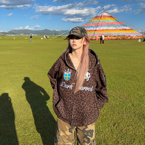 BCRA美式复古豹纹刺绣连帽卫衣开衫男女秋季宽松街头拉链外套潮牌