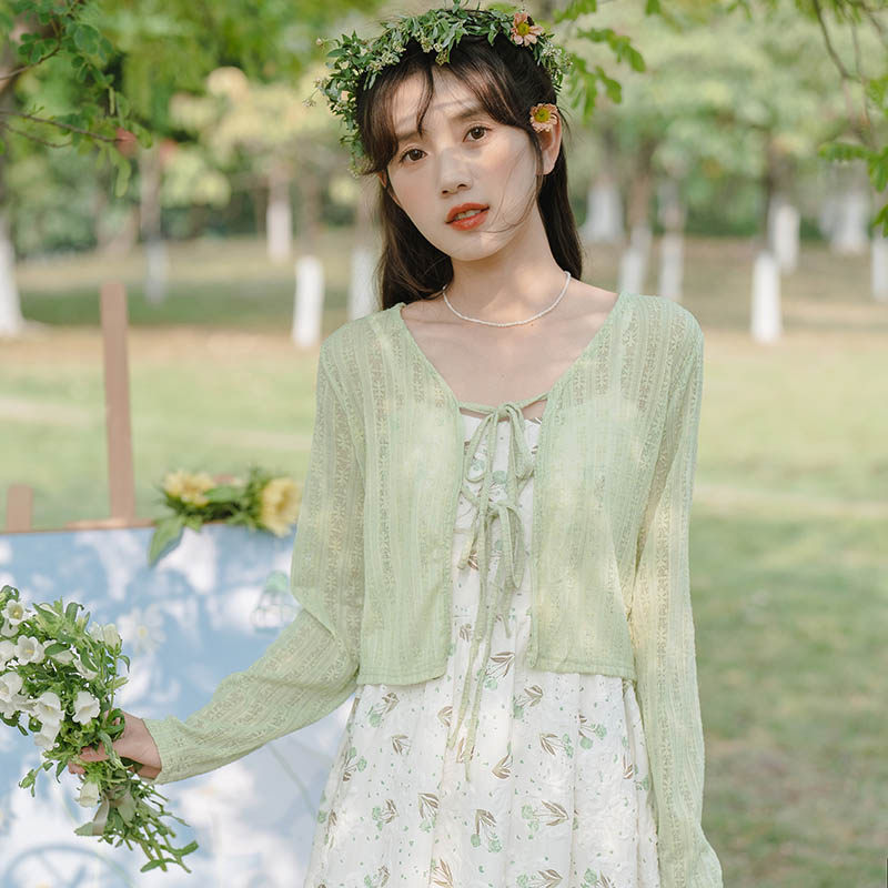 春夏吊带连衣裙女森系初恋郁金香碎花裙外搭罩衫防晒开衫两件套装