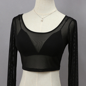 低领网纱打底衫 女长袖 黑色薄纱透明透视紧身内搭半截纱衣蕾丝上衣