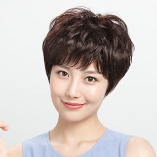 妈妈假发女短发全真发短卷发中老年全头套式长发套真人发丝自然型