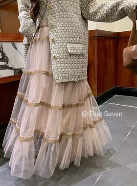 Fourseven十三行秋款法式蕾丝网纱拼接蛋糕裙半身裙内里加绒女