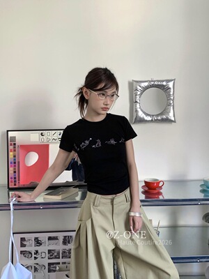 Z-one 2026夏季新款圆领卡通趣味小猫印花洋气钉珠短袖T恤女上衣