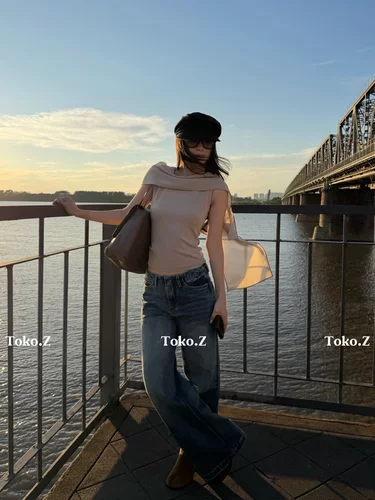 Toko.Z秋季氛围感浅杏荡领披肩无袖背心领带修身显瘦气质针织上衣