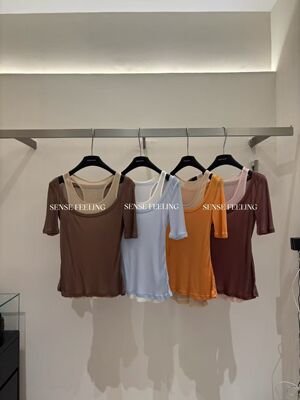 Sense feeling十三行撞色假两件短袖T恤女2026年新款夏季小上衣