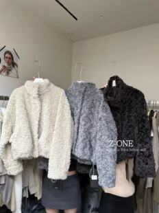 Z-ONE立领圈圈毛短款外套女秋冬韩系宽松加厚羊羔毛小个子上衣