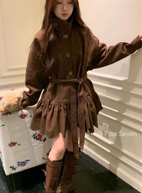 Fourseven定制刻花麂皮绒裙摆外套2025百搭立领单排扣系带风衣黑