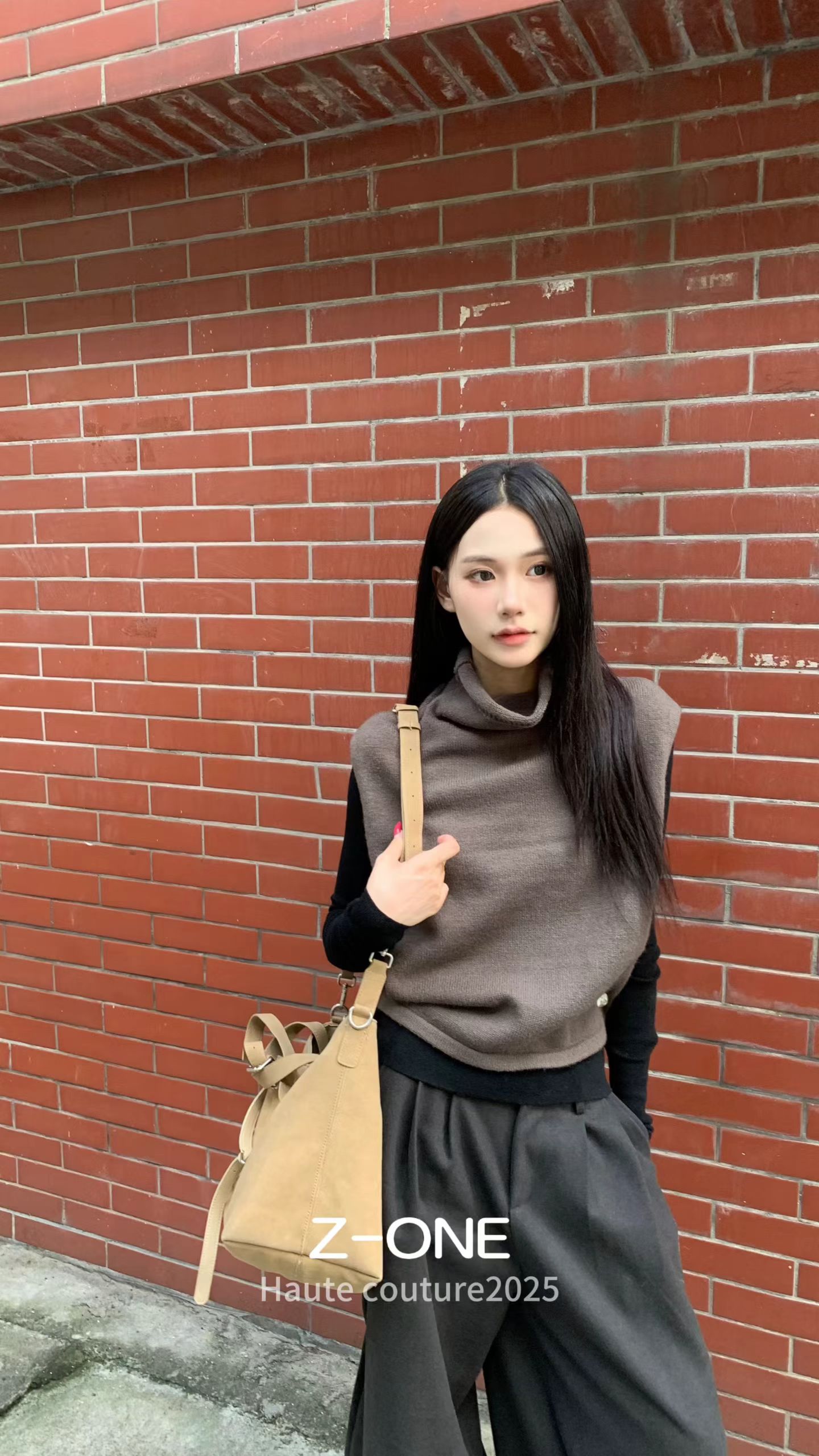 Z-one秋上新韩系简约百搭无袖高领针织马甲外套外穿纽扣披风女