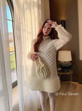 Fourseven纯色圆领裙摆拼褶皱薄纱气质风背心蛋糕网纱裙摆丝绒棉