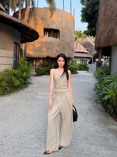 Night move 57°十三行正版挂脖无袖上衣围裹系带宽松阔腿裤套装