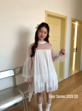 FOUR SEVEN 2026年春款雪花网纱长袖连衣裙简约百搭蕾丝公主风女