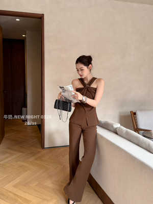 NEW NIGHT0328 优雅风黑色V领吊带背心女修身微喇裤御姐风两件套