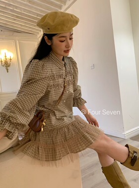 Fourseven十三行正版格子设计连衣裙千鸟风格中长款花苞蕾丝重工