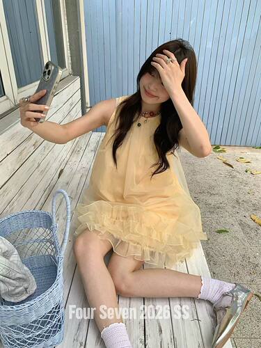 Fourseven网纱法式无袖吊带连衣裙女2026新款宽松显瘦a字中长款裙