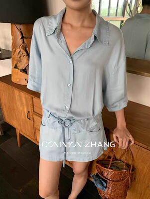 CZ ZHANG-微风岛屿蓝色莱赛尔松弛慵懒收腰衬衫(配腰带)C24211-2