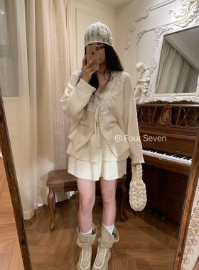 Fourseven2025年蕾丝花边V领针织开衫秋冬蕾丝花边开衫+短裙套装