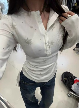 25冬新荔枝Litchi修身显瘦重工烫钻雪花多粒扣磨毛打底T恤66166