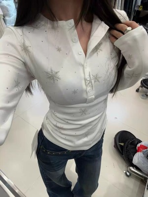 25冬新荔枝Litchi修身显瘦重工烫钻雪花多粒扣磨毛打底T恤66166