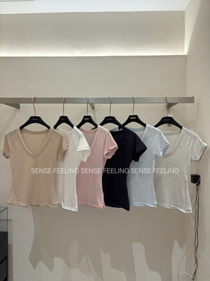 sensefeeling正版韩系简约V领薄天丝短袖T恤女百搭修身显瘦打底衫