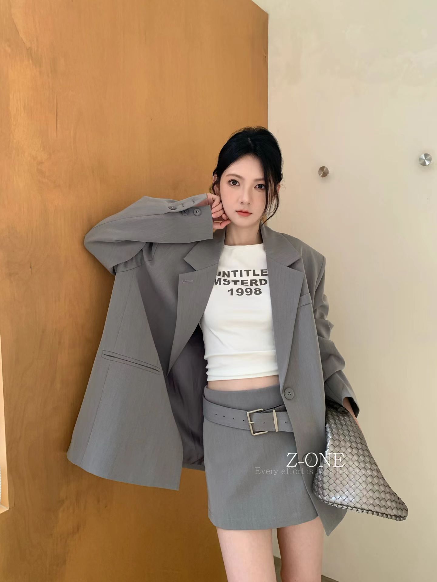 Z-one西装外套女2026秋季oversize宽松垫肩廓版休闲西服+短裙套装