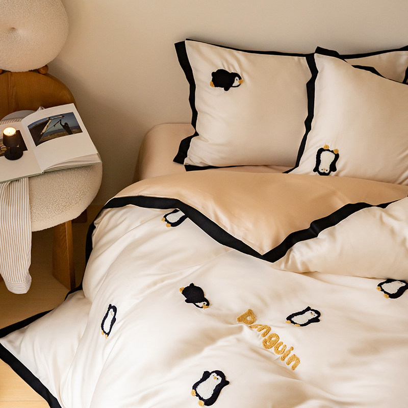 可爱企鹅毛巾绣天丝四件套夏季裸睡凉感冰丝儿童被套床单床上用品