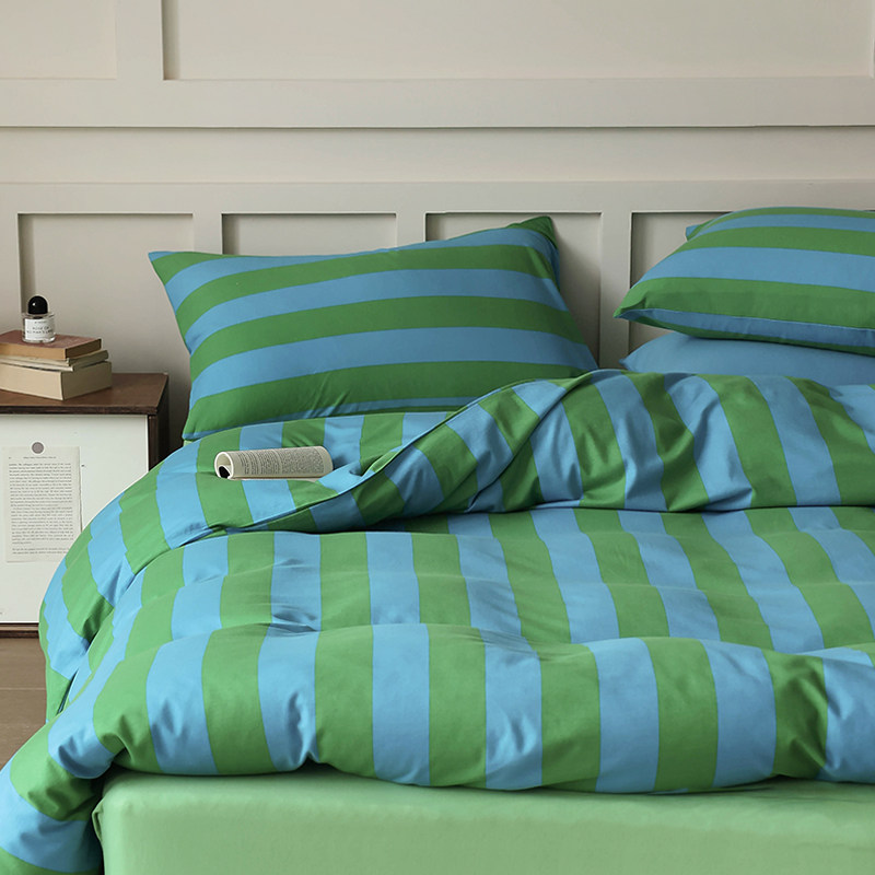 简约时尚条纹针织棉四件套全棉纯棉裸睡天竺棉被套床单床品床笠款