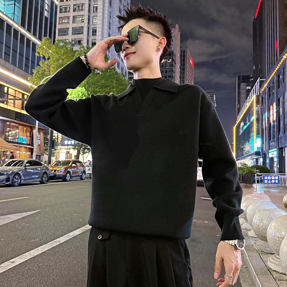 MC206/P88控118假两件双领毛衣帅气简约纯色百搭针织打底衫男3,男装T恤,电商A256