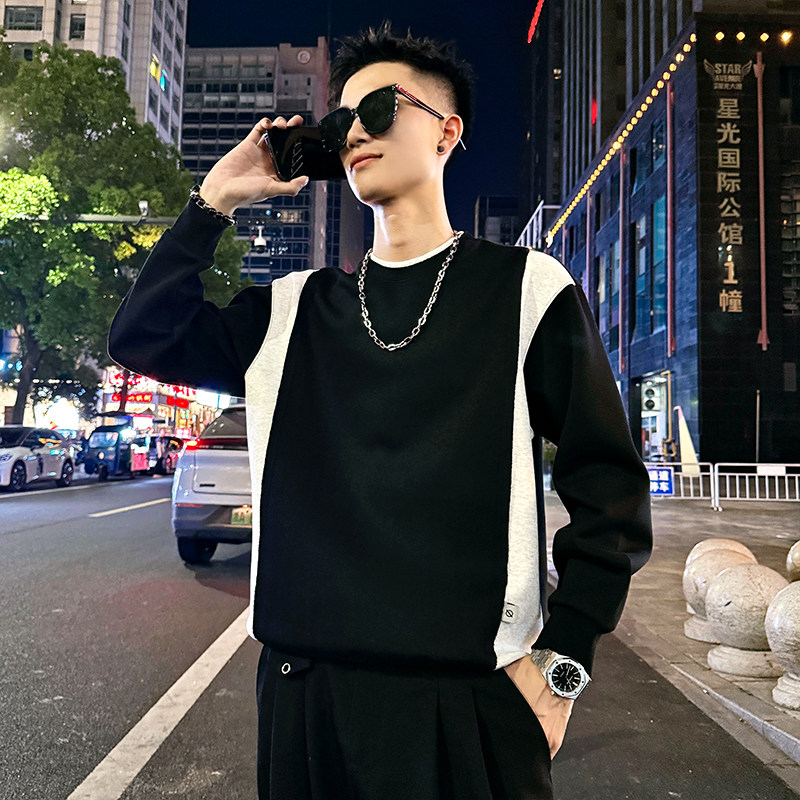 B162/P68控98假两件领拼接撞色圆领卫衣长袖男1图片