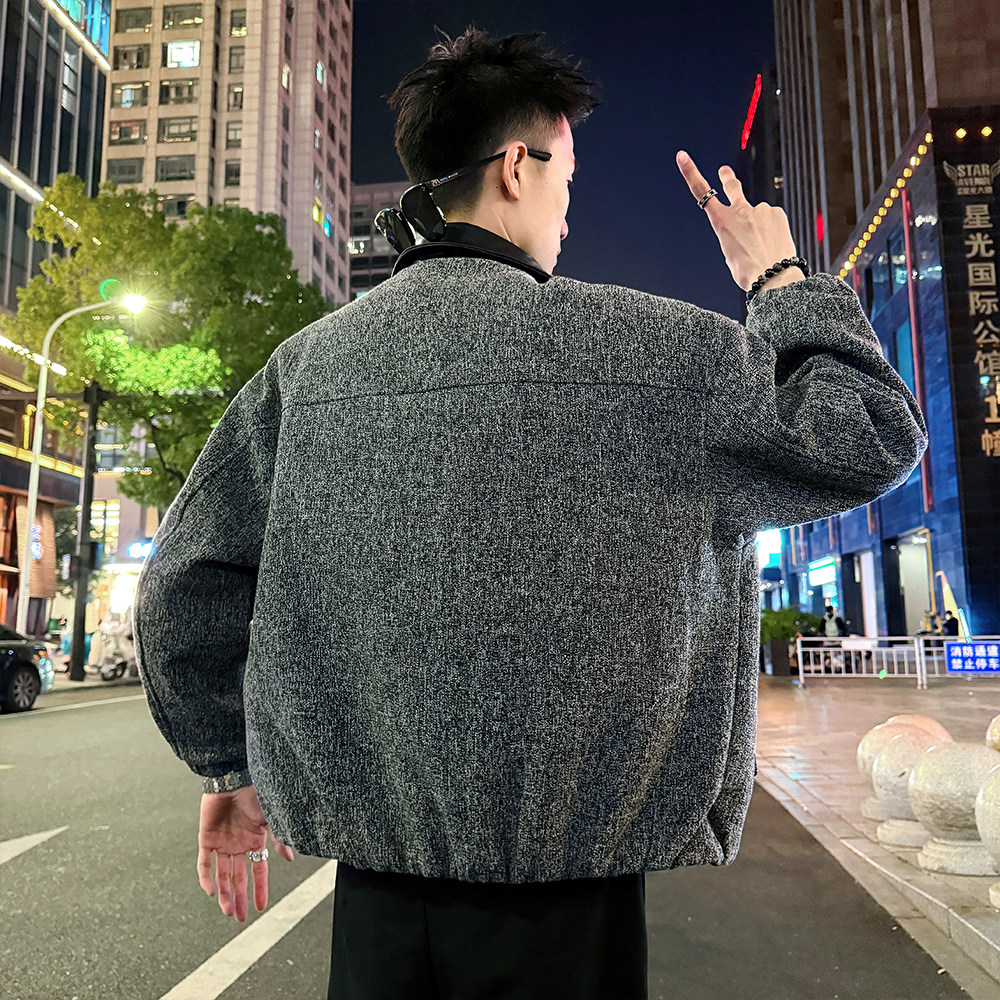 A192/特P158控208皮领压条花灰呢料夹棉结构织带加厚保暖外套男1,男装棉衣,电商A256