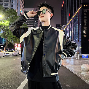 J110/P118控158痞帅小伙拼色棒球领拼接皮衣夹克帅气皮衣外套男,蓝色卫衣搭配马甲好看图片