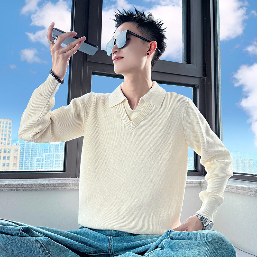 MC210/特P98控138纯色翻领假两件双领毛衣帅气针织打底衫男4,男装T恤,电商A256