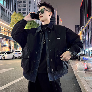 A165/特P145控195冬夹棉日系小伙假两件翻领牛仔拼接棉服外套男图片