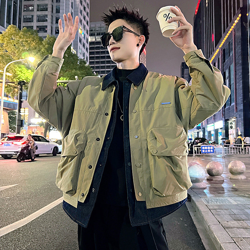 A165/特P145控195冬夹棉日系小伙假两件翻领牛仔拼接棉服外套男,男装棉衣,电商A256