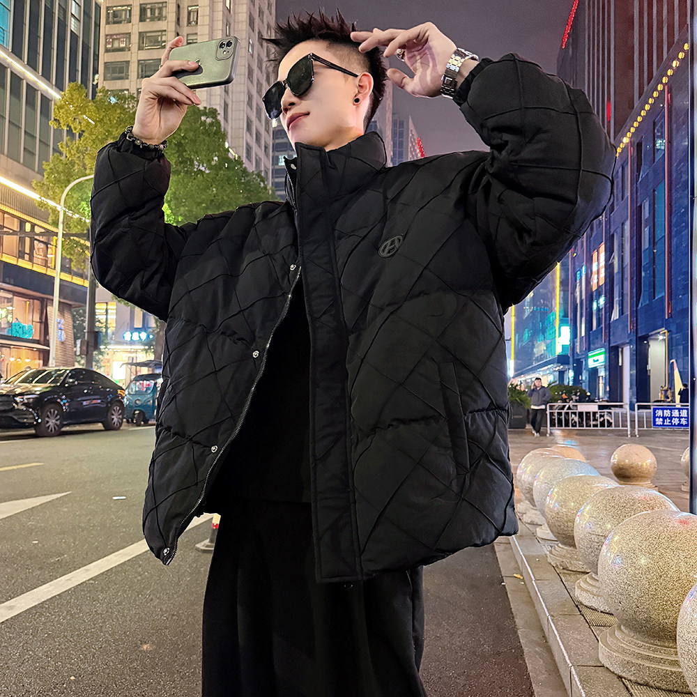 A206/P138控178 压皱菱形格阔版棉衣外套上衣男2图片